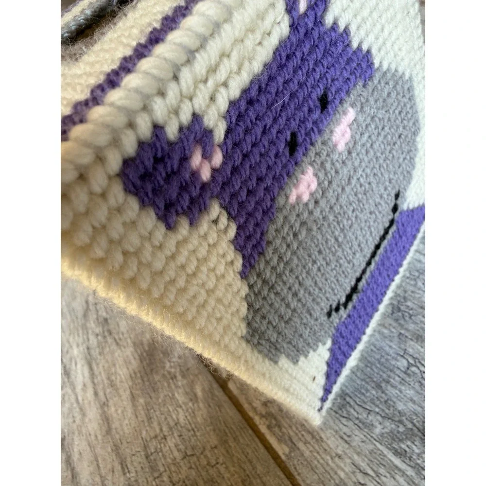 Handmade Hippo Needlepoint Tissue Box Cover Cottagecore Yarn Folk Art Home Decor